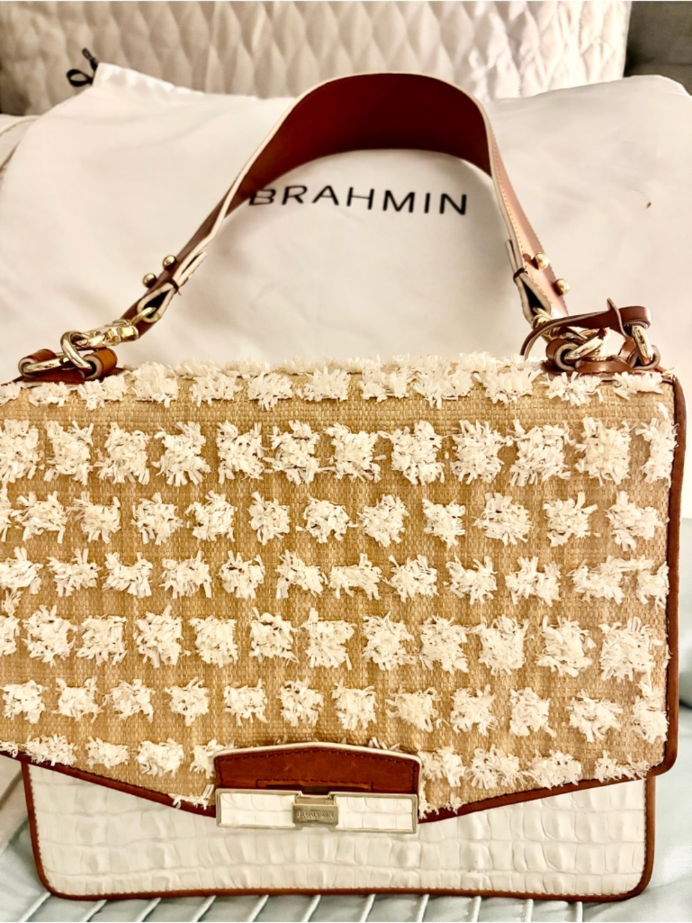 Brahmin Cream Tweed & Tan Leather Shoulder Bag with White Croc Accent